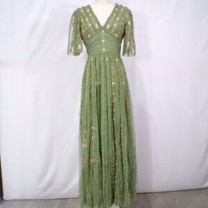 Mac Duggal Green Floral V-Neck Ruffle Detail Empire Waist Gown